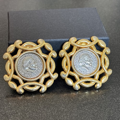 PAOLO GUCCI Vintage Coin Gold Tone Designer Clip Earrings