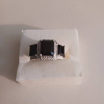 Thai Black Spinel Three Stone Ring in Platinum Bond Brass Size 9 