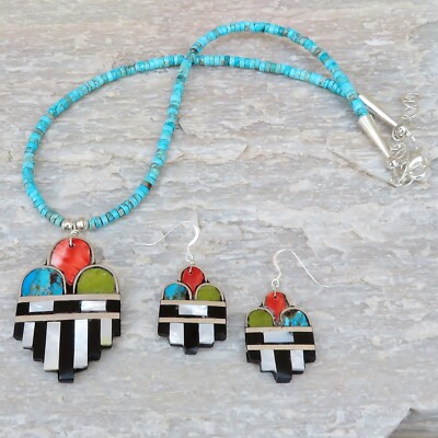 Native American-Santo Domingo Stone Inlay RAINCLOUD Necklace & Earrings-W. Nieto