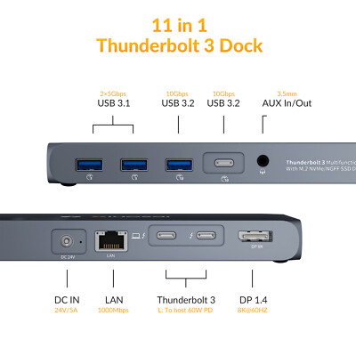 Thunderbolt 3 Docking Station | NVMe&SATA M.2 Slots | US Power Adapter | 40Gbps