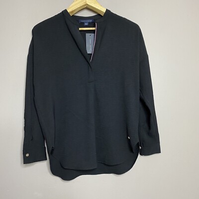 Tommy Hilfiger Women's Split-Neckline Long Sleeve Black Top Size S