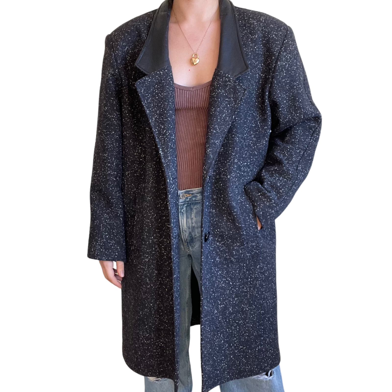 Vintage 80s Womens Hunters Run Black Wool Speckle Leather Vintage 80s Womens Hunters Run Black Wool Speckle Leather