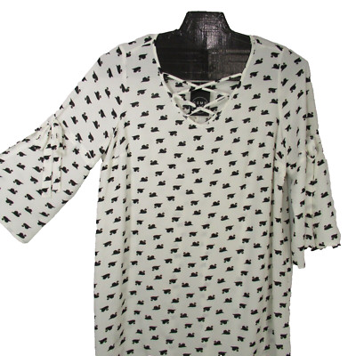 Como Black White Swan Print 1X Shift Dress Made in Canada New NWT Angel Sleeve