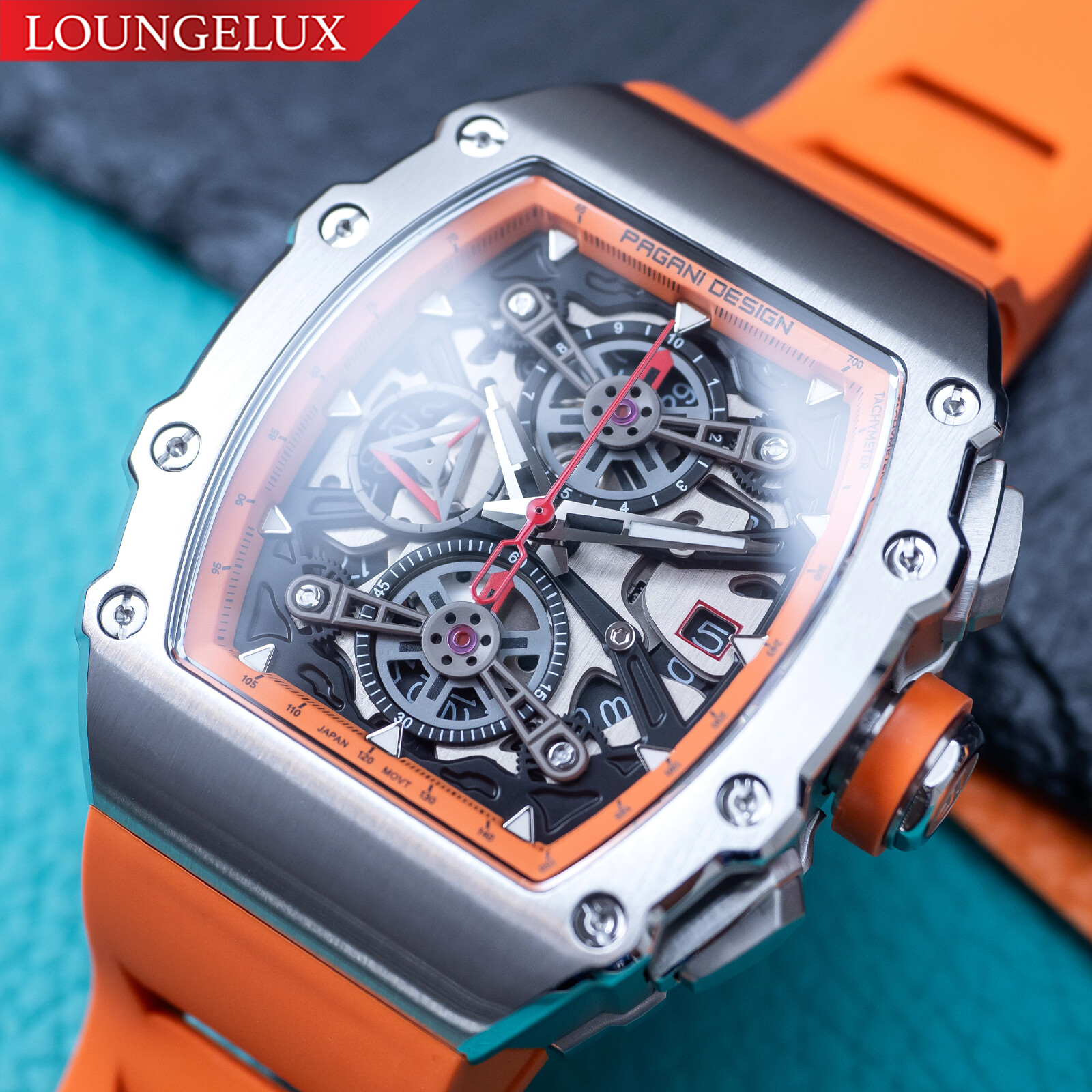Pre-owned Pagani Chronograph Quartz Wrist Watch Stainless Steel Case Silicone Strap Luminous In Silver / Orange