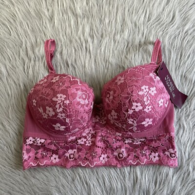 Adored By Adore Me Longline Bra Women s Size 34DD Pink Floral Lace Lightly Lined