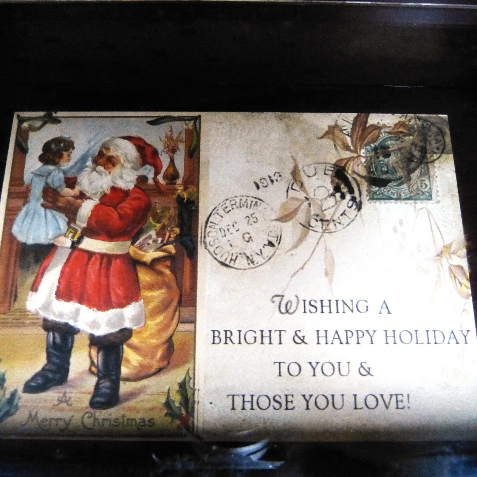 Vintage Wood and Glass Shadow Box Featuring a 1913 Christmas Holiday Postcard
