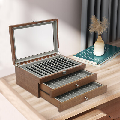 34 Slots Walnut Wood Fountain Pen Display Case Holder Pen Display Storage Box