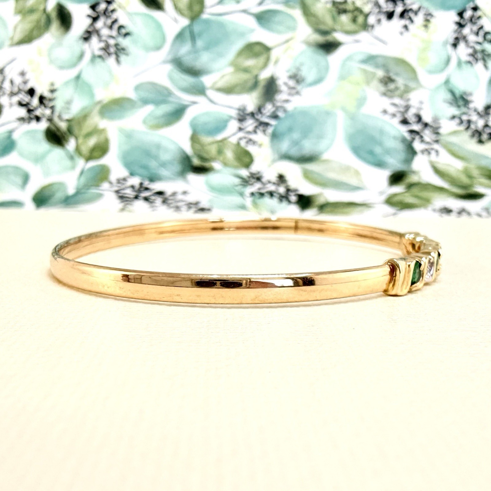 10k Yellow Gold Genuine Emerald & Diamond Bangle Bracelet, Preowned - Picture 6 of 9