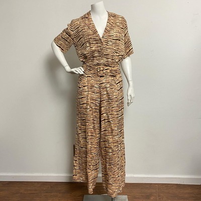 Faithfull The Brand Tiger Print 100% Linen Shirt Sz 2 Wide-Leg Pants Sz 4 Brown