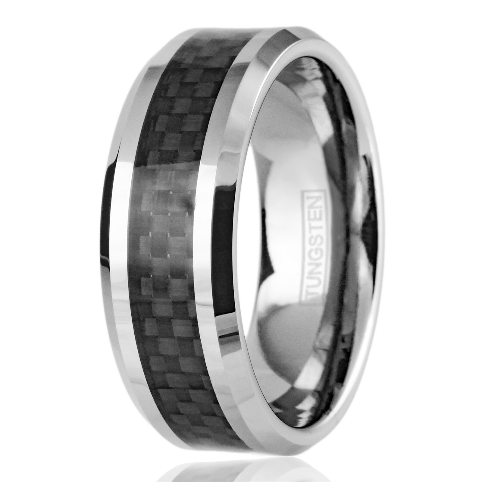 Tungsten Carbide Men's Ring Silver with Black Carbon Fiber Stripe Wedding Band
