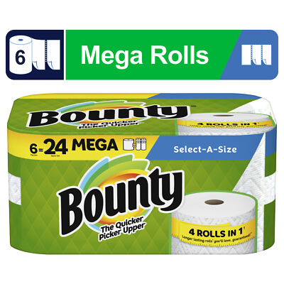 Bounty 6 Mega Rolls Select-a-Size Paper Towels White (24 Regular Rolls)