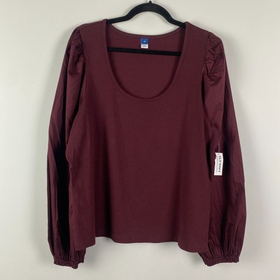 Old Navy Puff-Sleeve Mixed Material Top Size 2X Raisin Red Long Sleeve