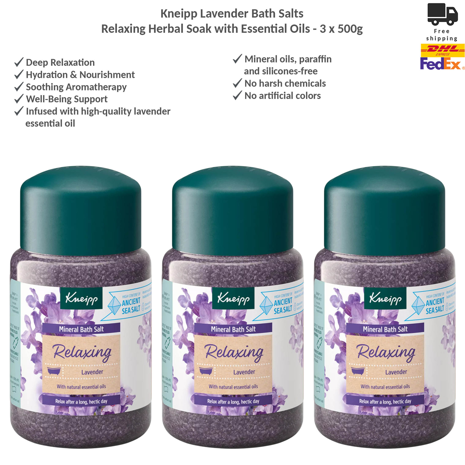 Kneipp Lavender Bath Salts Relaxing Herbal Soak with Essential Oils 3x500g - Picture 1 of 4