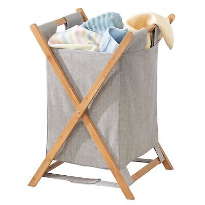 mDesign Bamboo Laundry Hamper, Portable/Collapsible Fabric Bag - Natural Finish