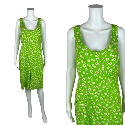 Vintage 70s Daisy Romper Womens 1X Groovy Floral Print Lime Green Playsuit Volup