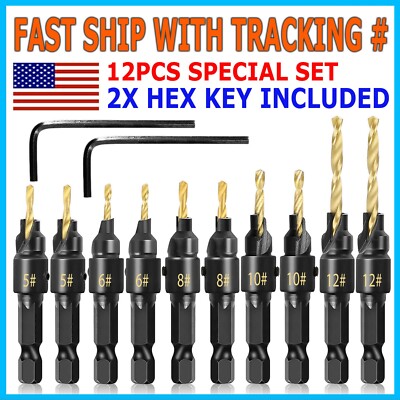 12x HSS Countersink Drill Bit 1/4'' Hex Shank Woodworking Pilot Screw Hole Set