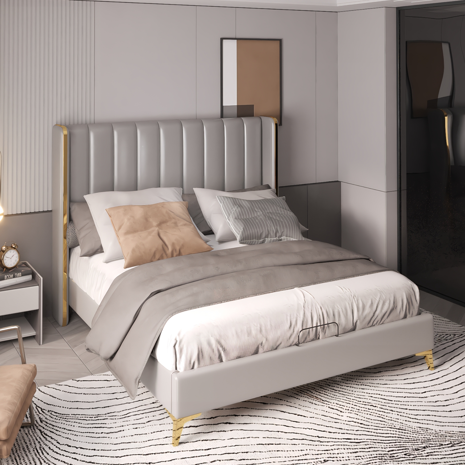 Wood Slats Metal Legs W/tall Headboard