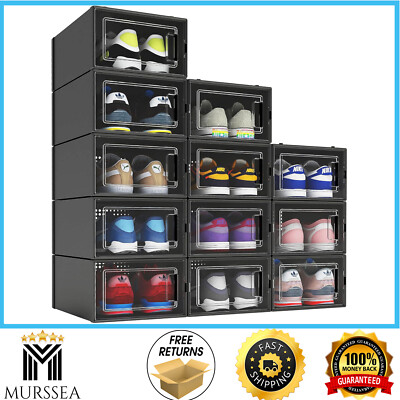 12Pcs Shoe Organizer Boxes,Black Plastic Stackable Shoe Storage Bin,Space Saving