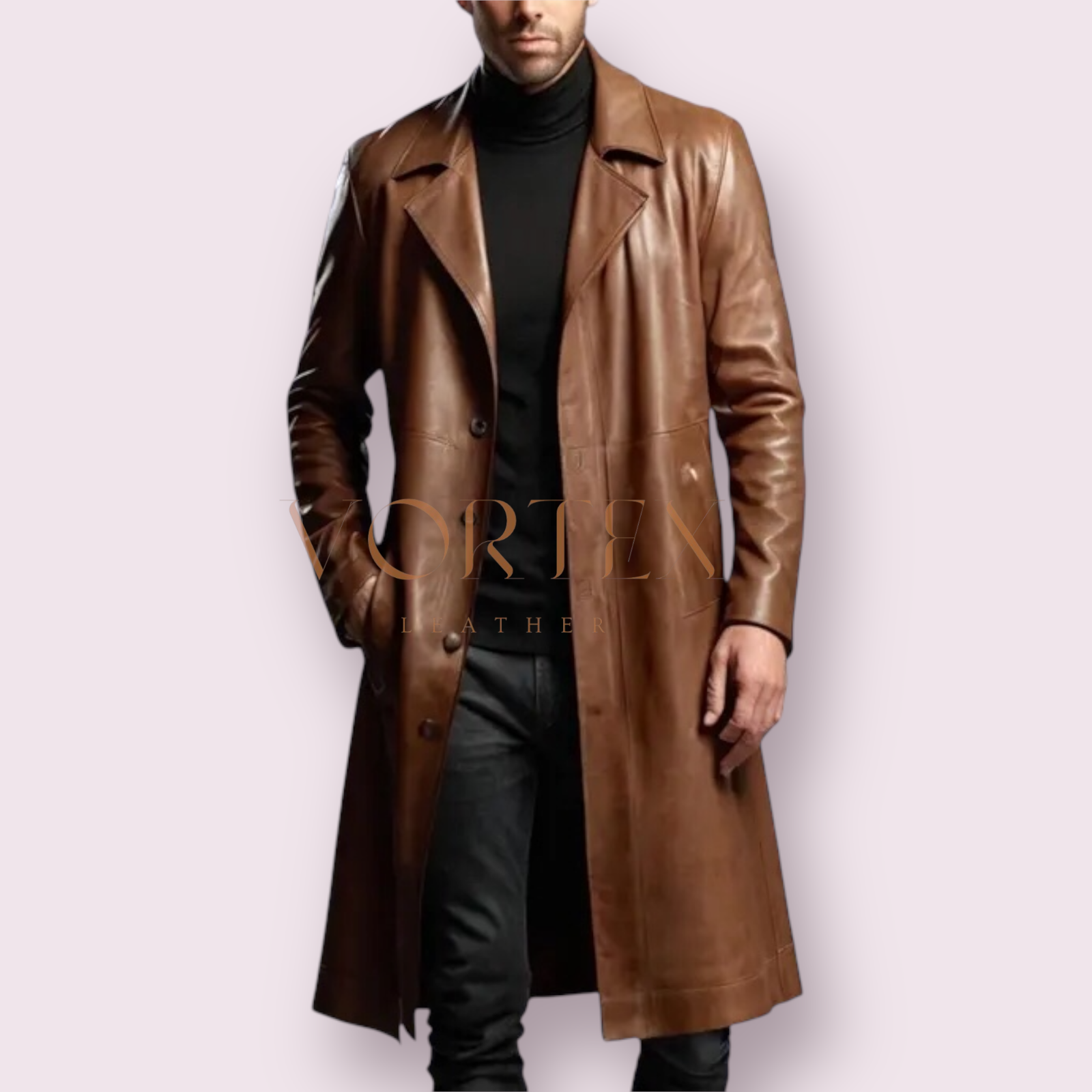 Men's Brown Leather Trench Coat Full Length Leather Winter