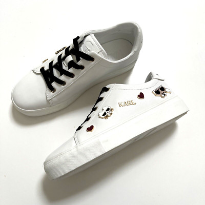NWOB KARL LAGERFELD PARIS Cambie Embellished Sneakers Size 10 White Cat Love