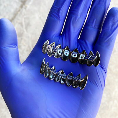 Black Shark Grillz Set 8 Top & Eight Bottom Teeth Vampire Fangs Hip Hop Grills