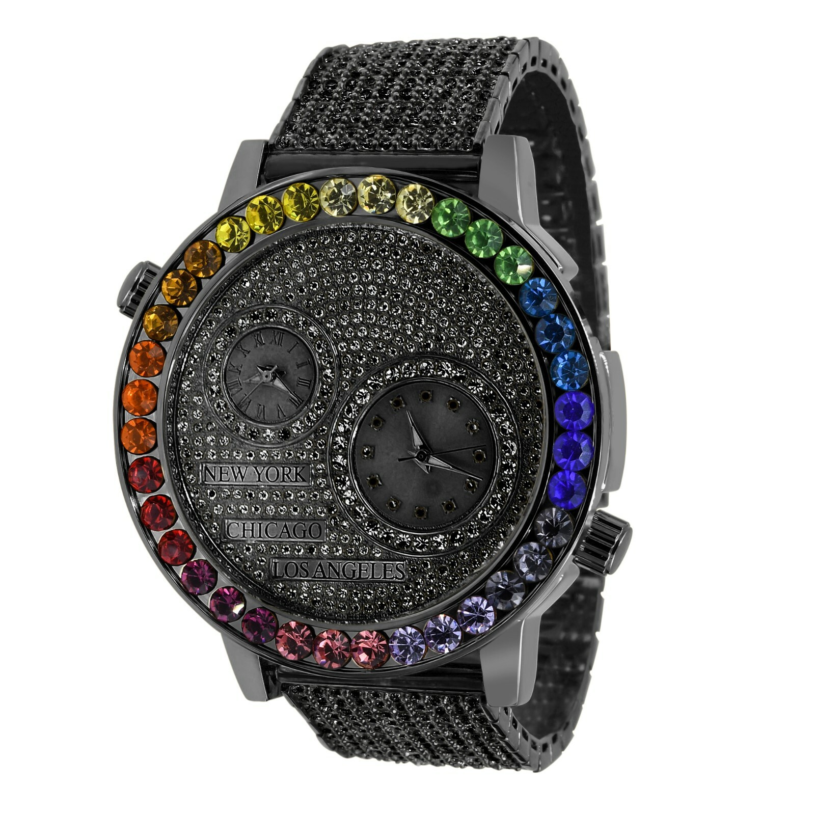 Pre-owned Ice Master 2 Time Zone Black Gold Rainbow Bezel Chronograph Solitaire Diamond Dial Watch