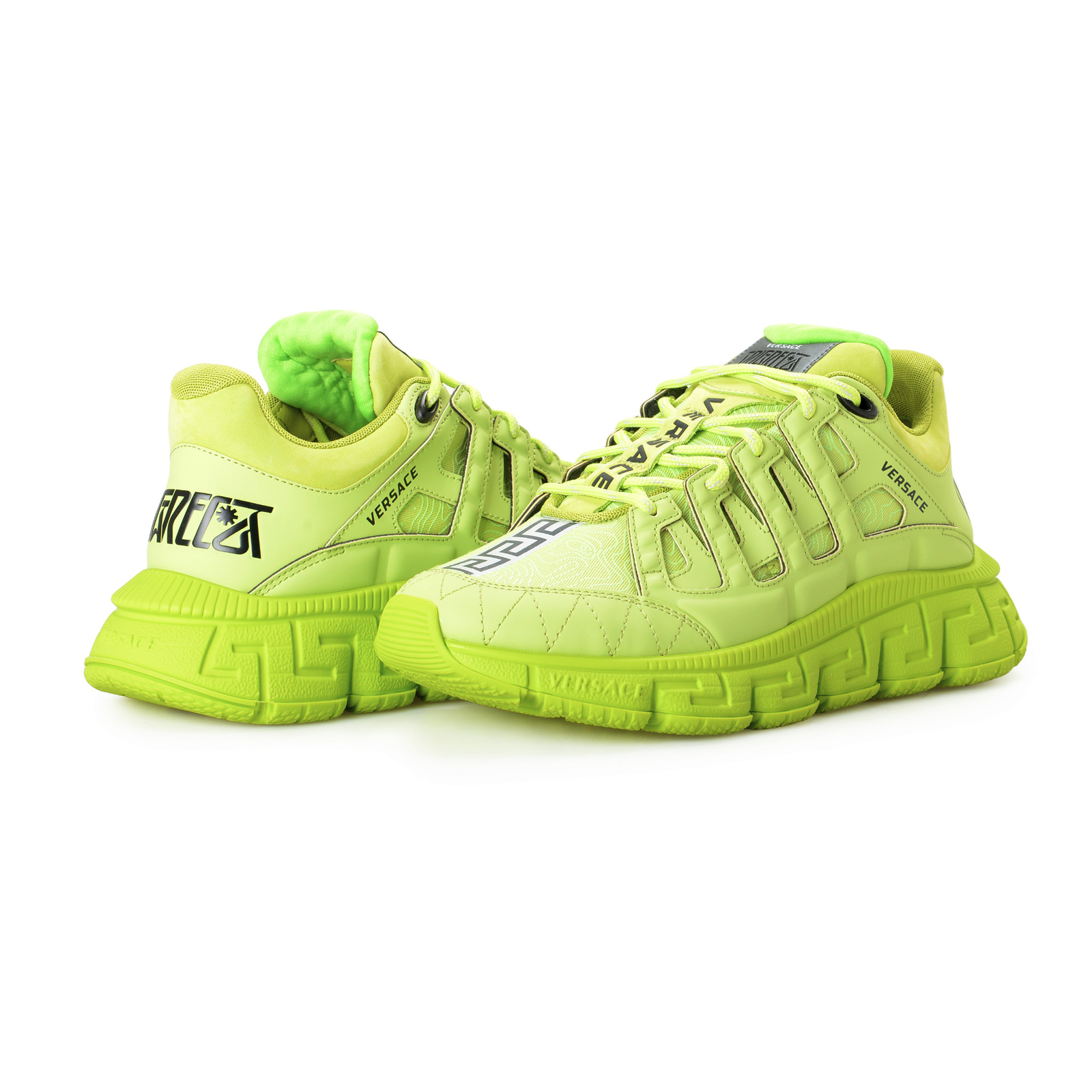 Pre-owned Versace Men's Trigreca Lime Green Leather Canvas Logo Sneakers Shoes