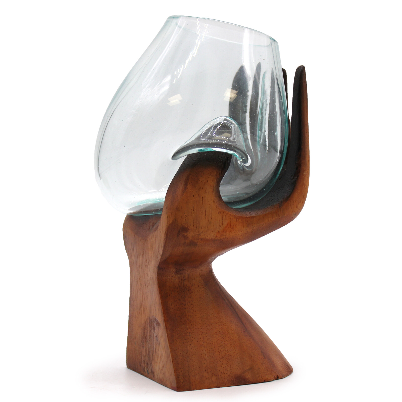 Handmade Carved Hand Molten Glass Bowl Vase on Gamal Wood Decor Centrepiece