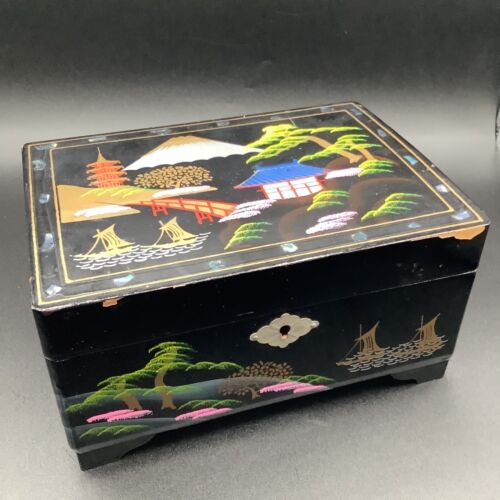 Vintage Japanese Black Lacquer Abalone Inlay Mt. Fuji Scenic Music Jewelry Box