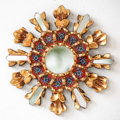 Peruvian Painting on Glass Red Round Accent Sunburst Mirror 7.8'' for wall decor