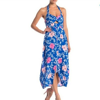 NEW WAYF Ucca blue floral halter sleeveless backless midi dress size Large