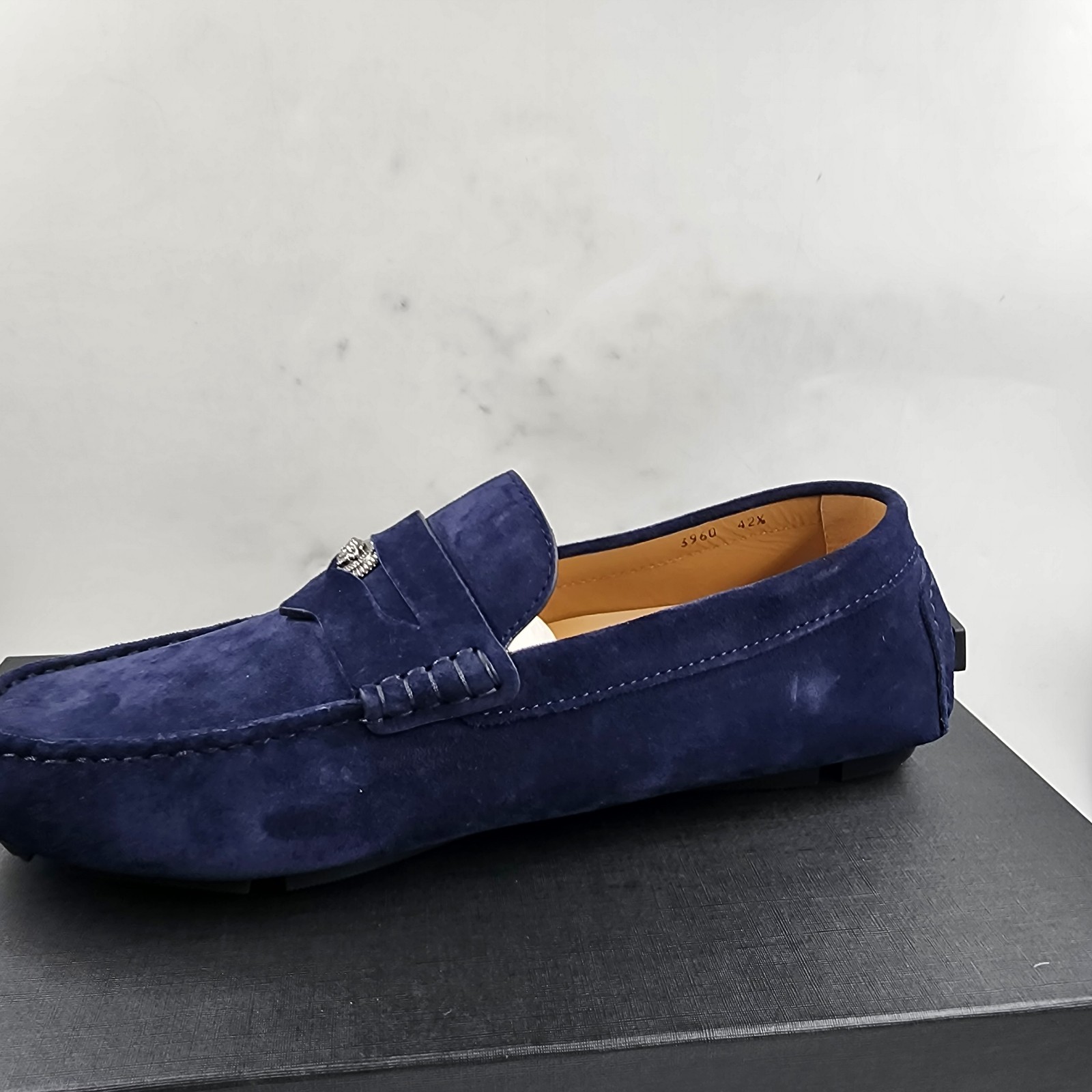 Versace Medusa Penny Loafers Men's 42.5/9.5US Blue Stitched Moc Toe Slip On - Picture 14 of 24