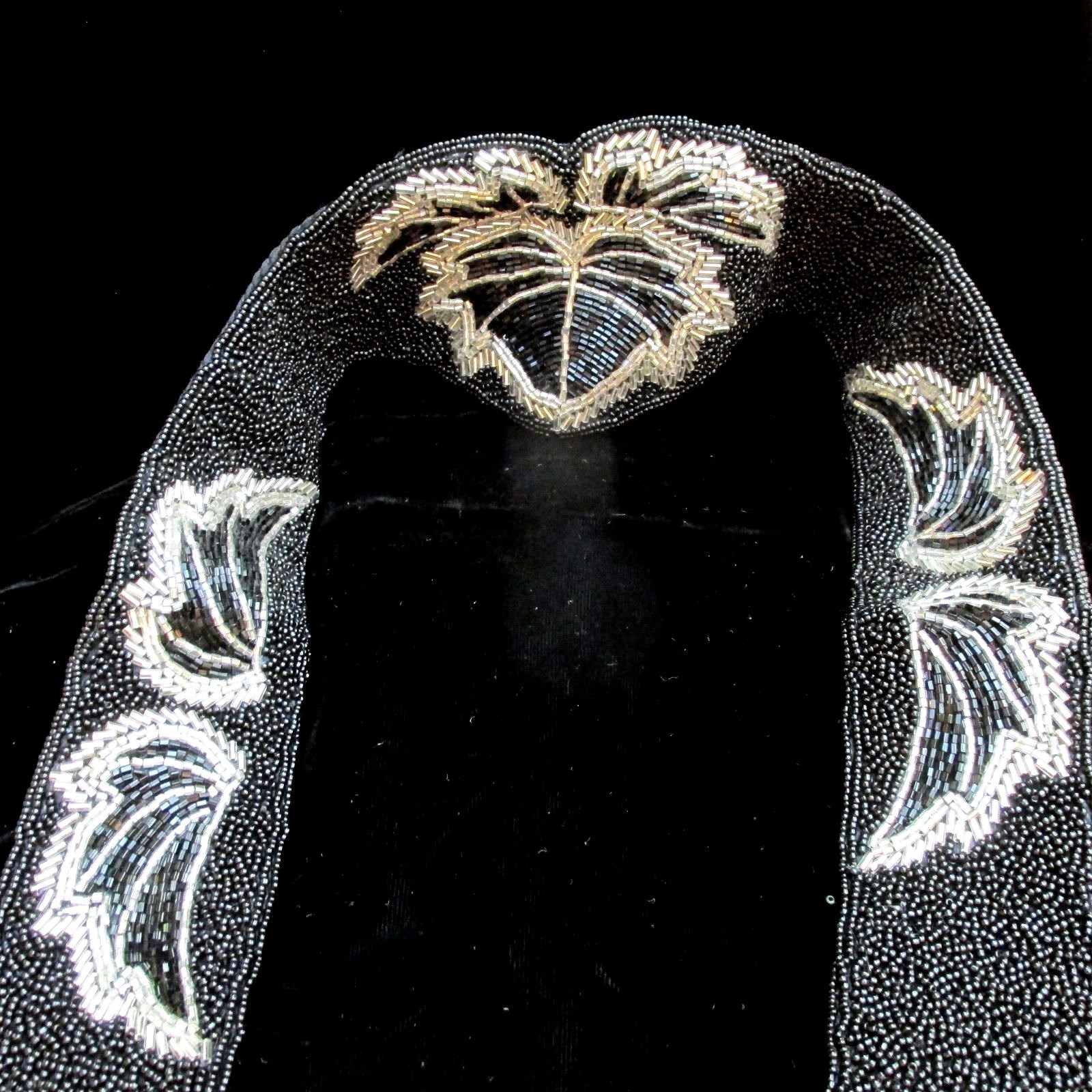 VTG Beaded Belt Sash Cummerbund Black Silver Glass Beads Hook Loop Closure 30