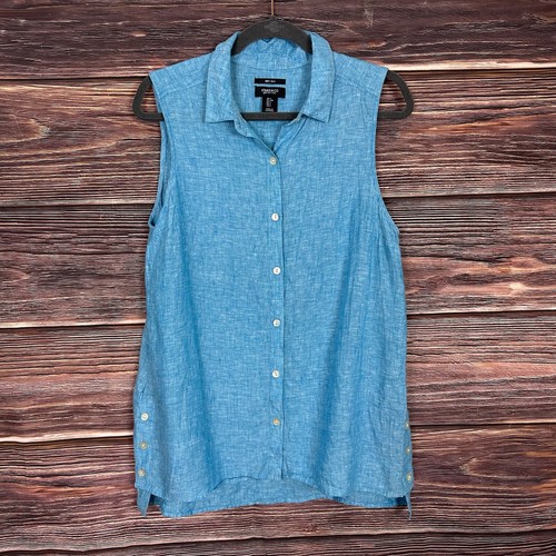 Jones & Co 100% Linen Button Front Sleeveless Chambray Blue