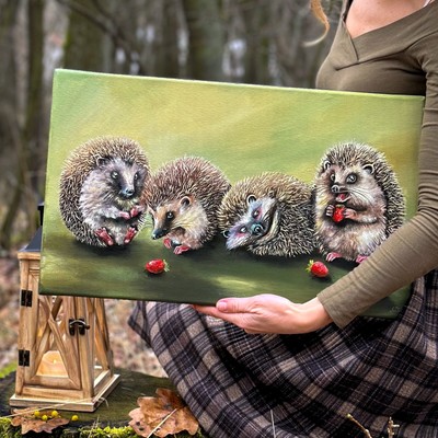 Original canvas painting Hedgehogs Enchanted forest Animal wall decor Forest art