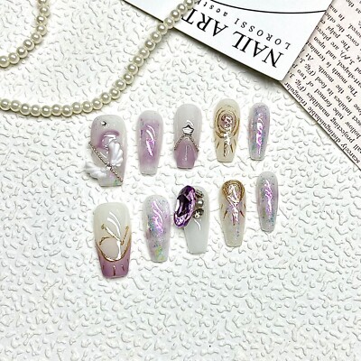 Handmade Capricorn Purple 3D False Nail Long Coffin Press on Nail for Nail Art