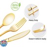 Dlebay 75 Pack Pre Rolled Gold Plastic Silverware Set,Wrapped Plastic Cutlery Set with Napkin Include 75 Forks,75 Spoons,75 Knives and 75 Black Napkins for Party, Wedding