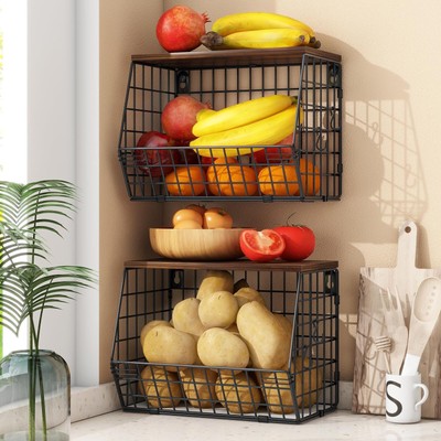 Mefirt 2pcs Fruit Basket Onion Storage Wire Baskets with Wood Lid, Stackable ...