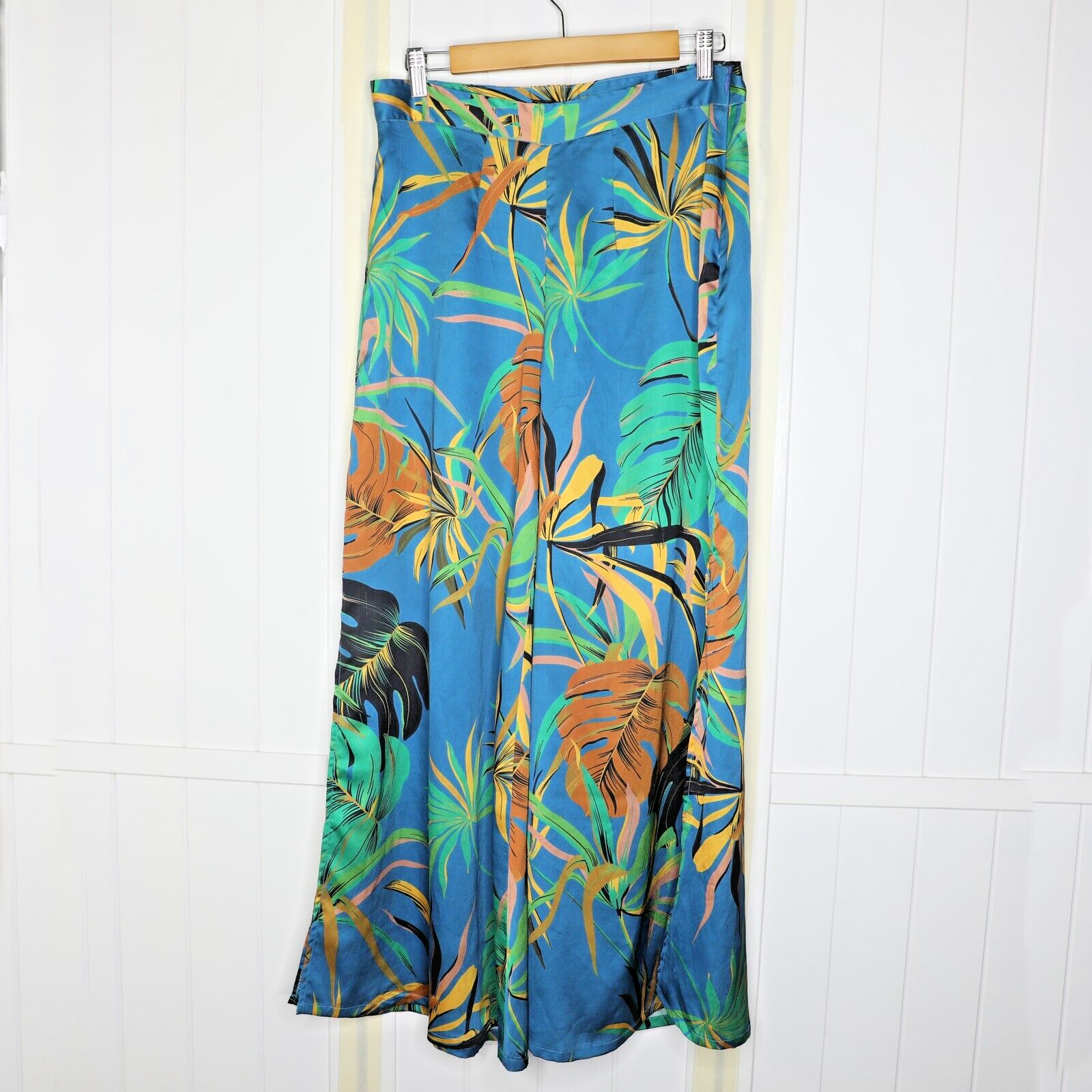 Women's Satin Wide Leg Pants Size L Blue Tropical Floral Palazzo Flared
