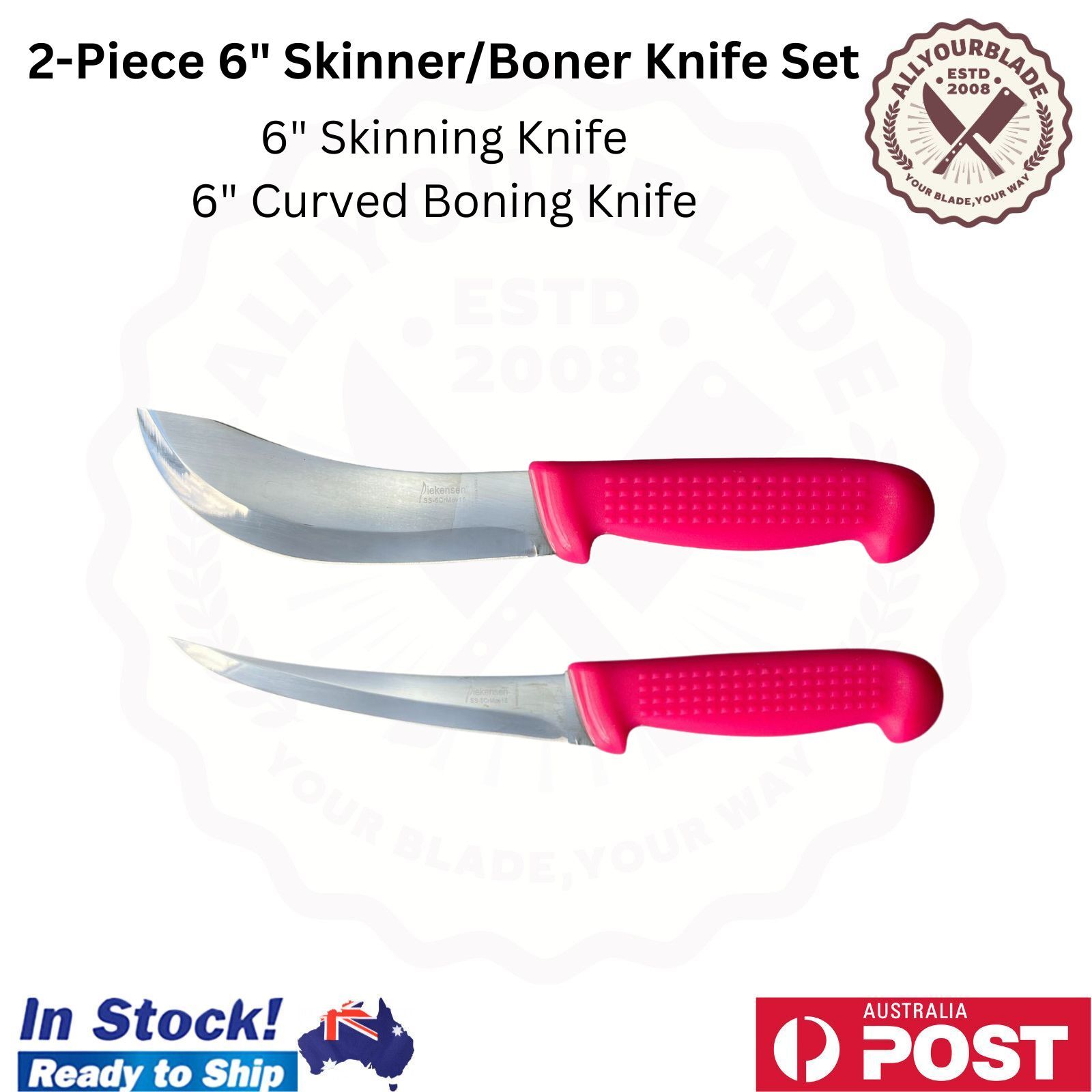 New Diekensen Butchers 15cm 6'' Curved Skinning Boning Knife Set Ridged Pink