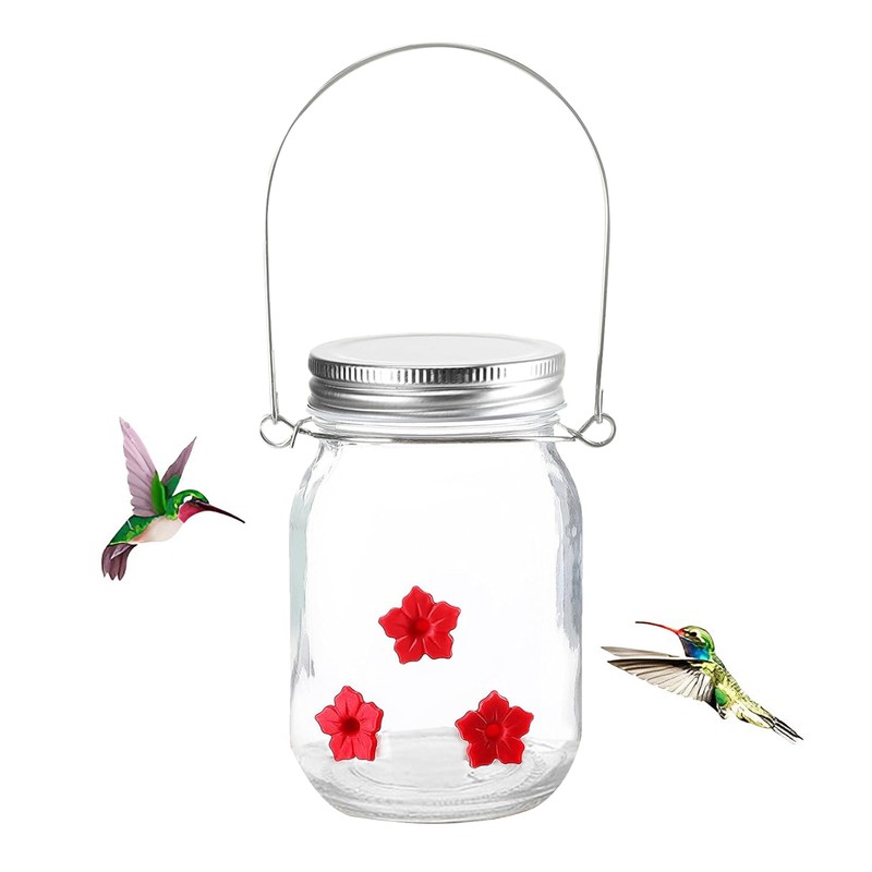 , Mason Jar Bird Dish Feeder W/ Flower Feeding Ports
