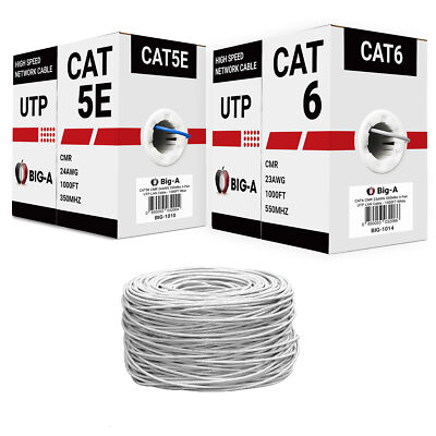 Cat5e Cat6 Cable 1000ft Solid 4 Pair Bulk Cat 5 Cat 6 Ethernet Cable (UTP CMR)