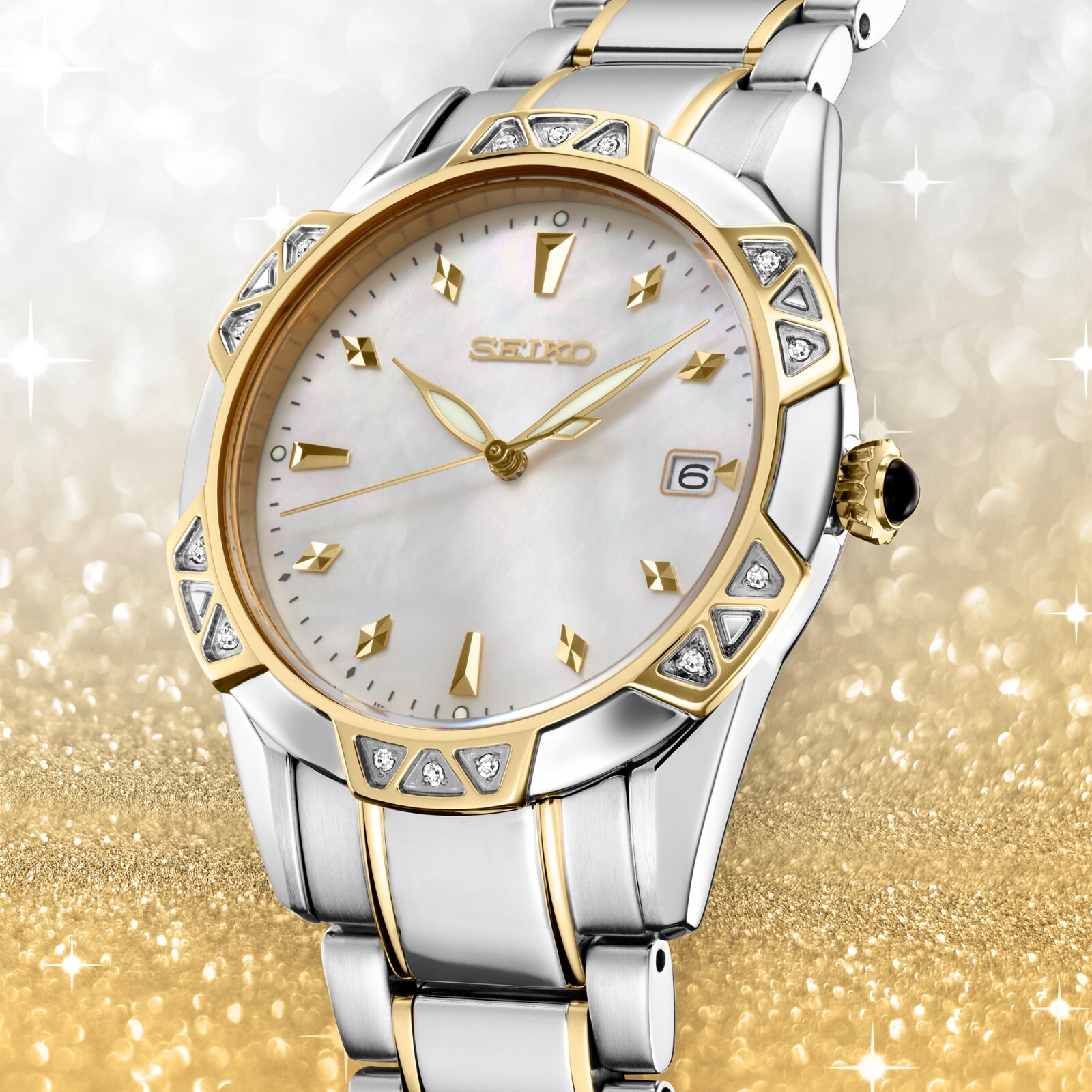 Pre-owned Seiko Diamond Collection Skk728 33mm Two-tone Women's Watch-mother Of Pearl Dial