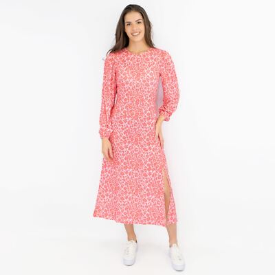 Oasis Womens Dress Pink Midi Long Sleeve Floral Stretch Slit Summer Relaxed Red