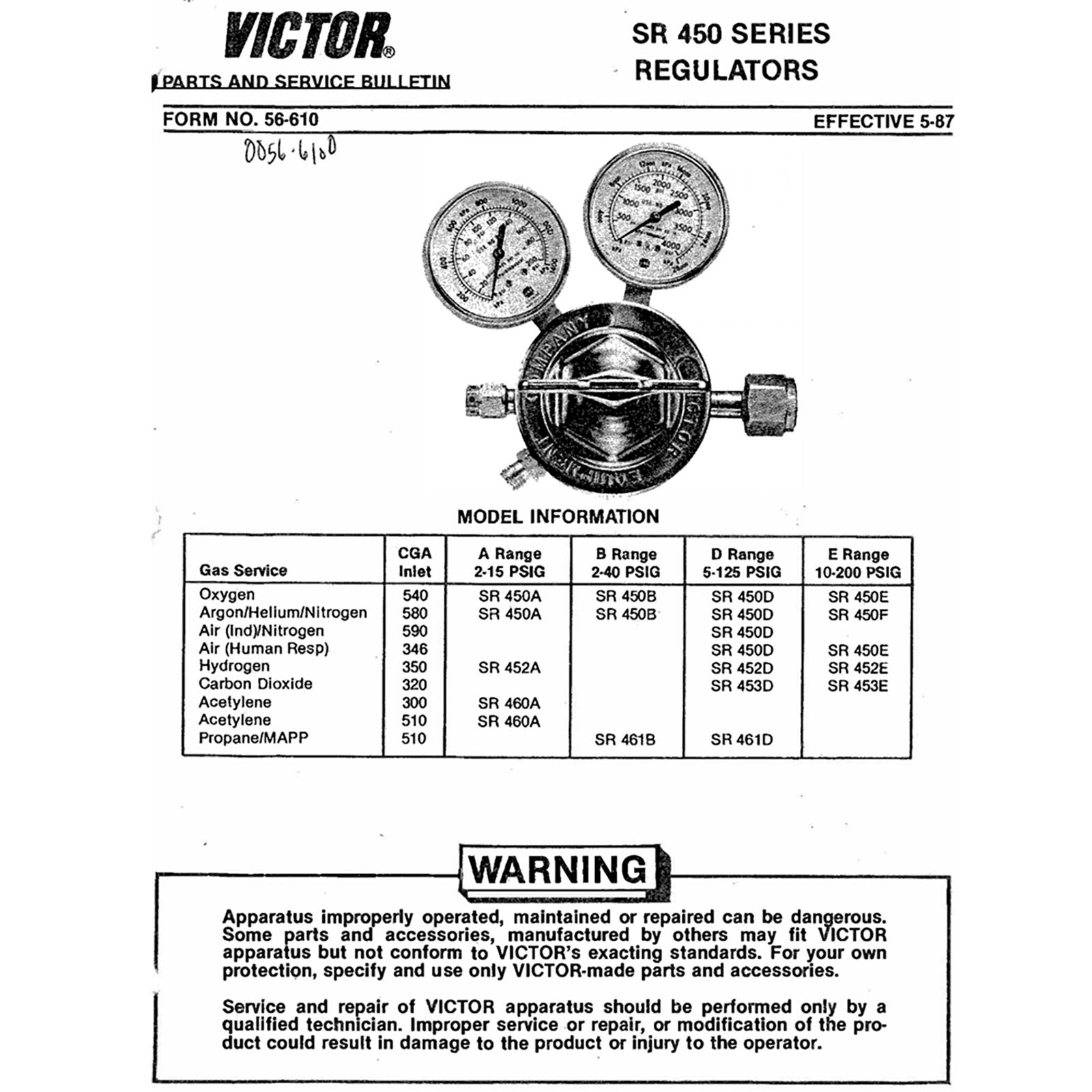 Victor SR450 Repair Kit Oxygen Regulator Rebuild Parts Kit 0790-0102 SR450D
