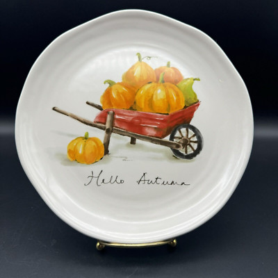 Pier 1 HELLO AUTUMN Red Wheelbarrow with Pumpkins Plate 8.75  SINGLE
