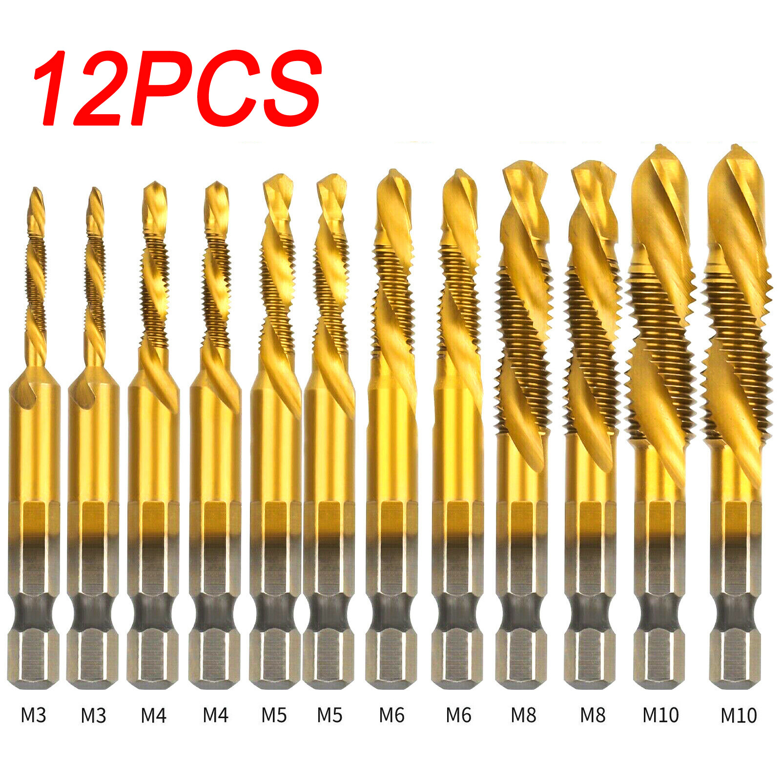 12Pcs 1/4in Hex Shank HSS Screw Thread Countersink Tap Drill Bit Combination Set