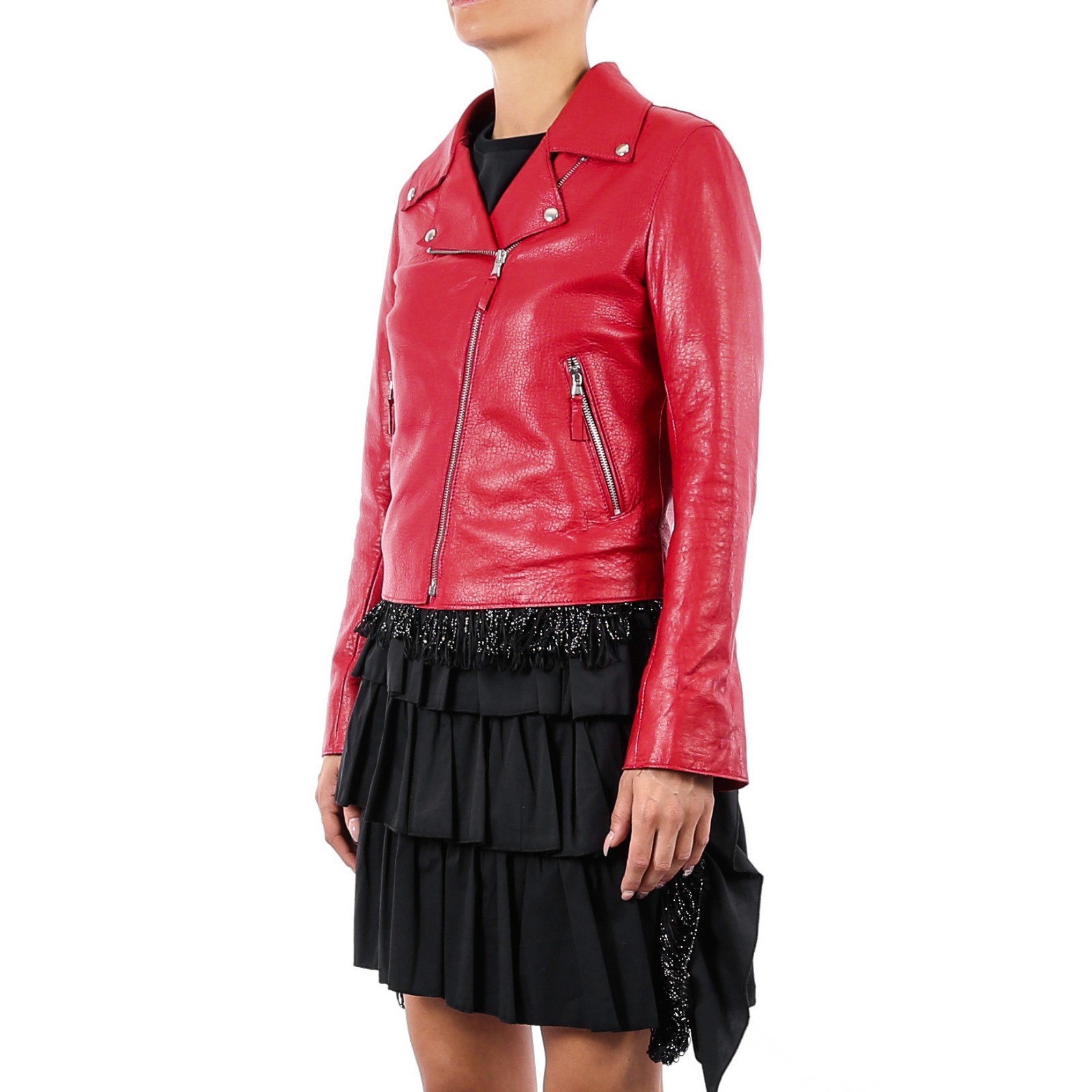 Pre-owned Handmade Italian  Women Genuine Lamb Leather Biker Jacket Grainy Red