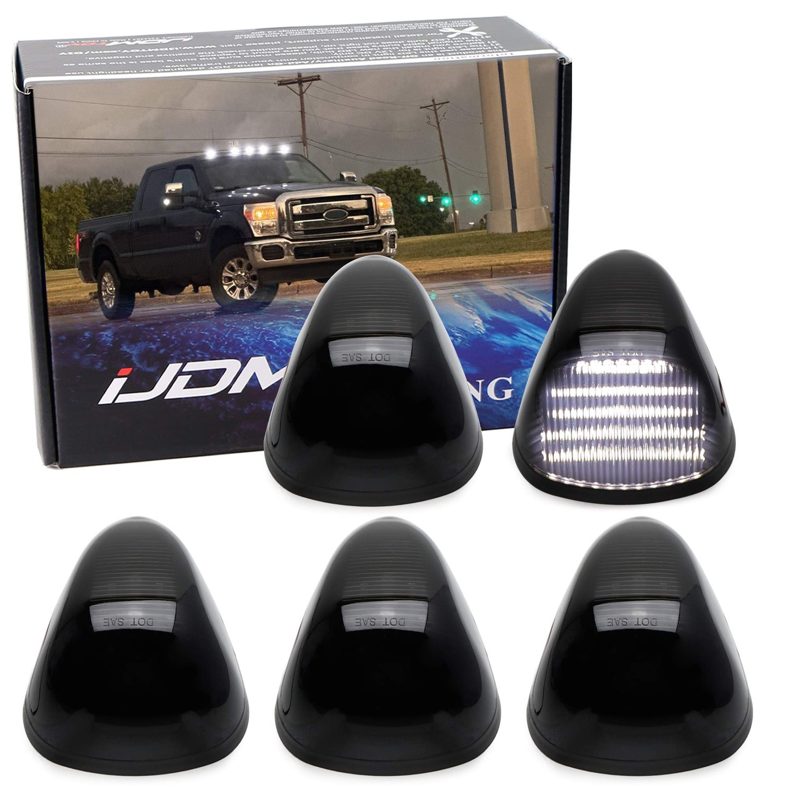 5pc Smoked Lens White Full LED Cab Roof Marker Lights For Ford 1999-06 F250 F350