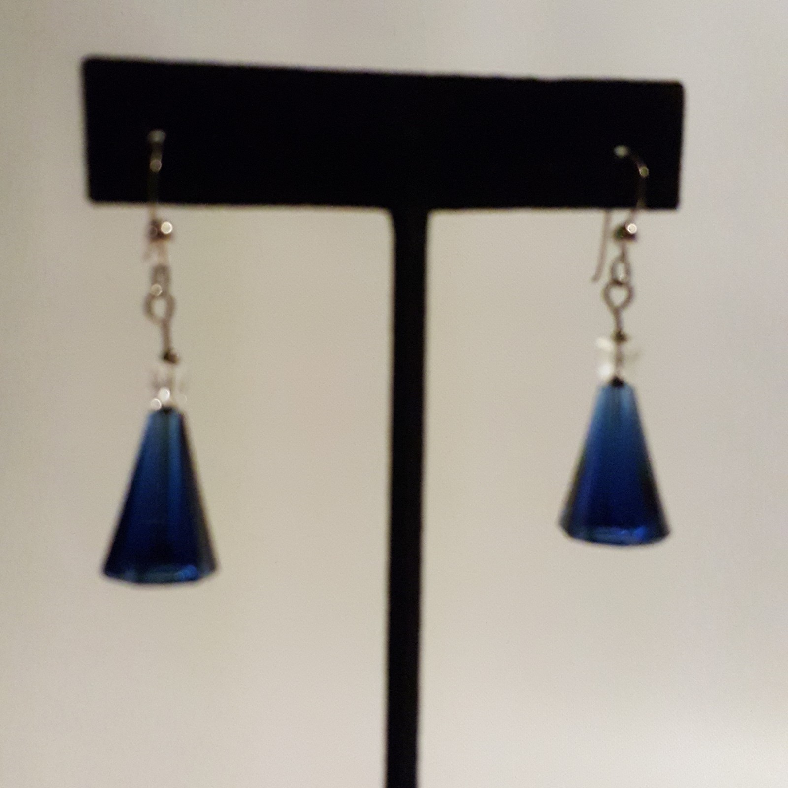 Sterling Silver .925 Blue Cone Glass Dangle Earrings Pierced